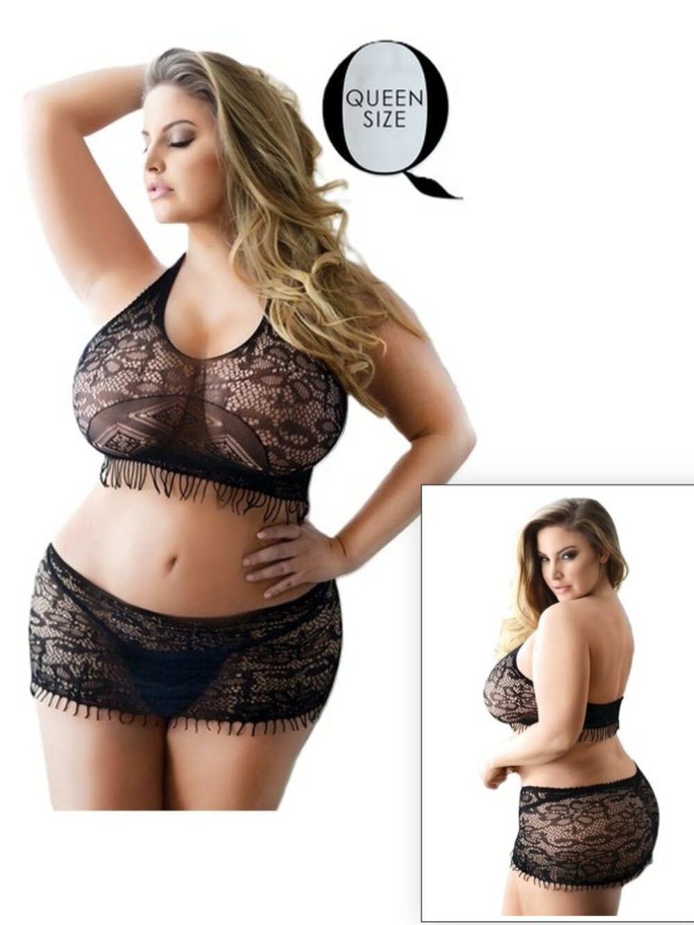 Fishnet Eyelash Top Mini Skirt Set Queen Plus Size Lingerie Clubwear Killer Legs